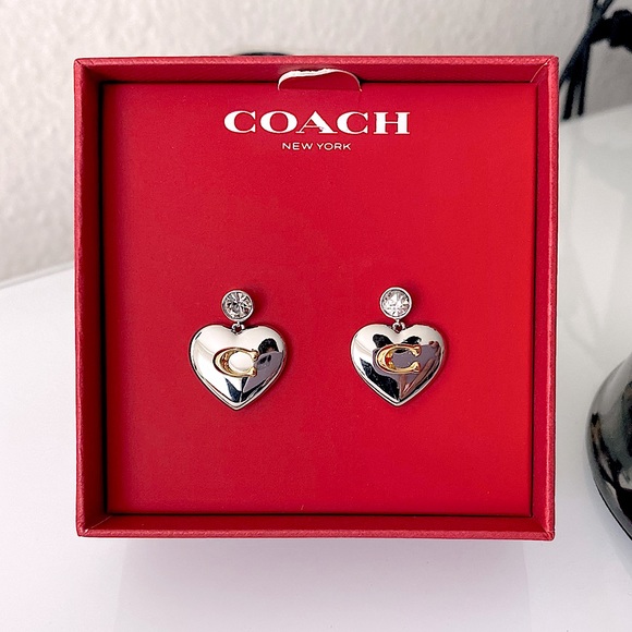 COACH Silver-tone Signature Heart Drop Earrings - Picture 3 of 12